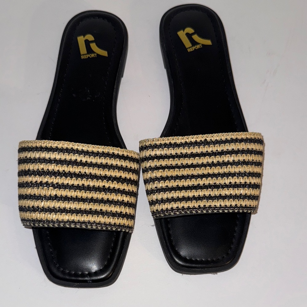 Report Black and Tan Striped Slide Sandals